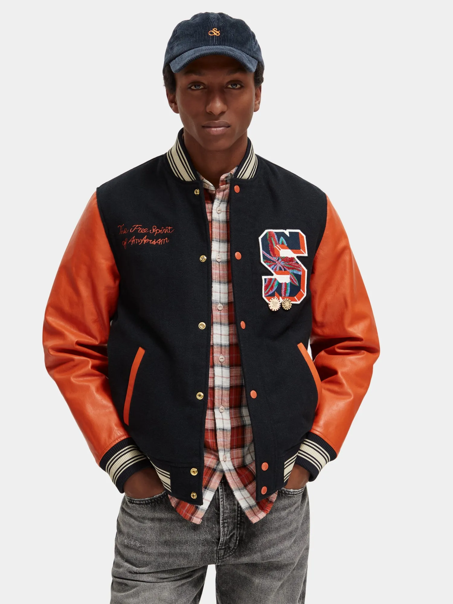 Leather varsity bomber jacket sold by Scotch and Soda