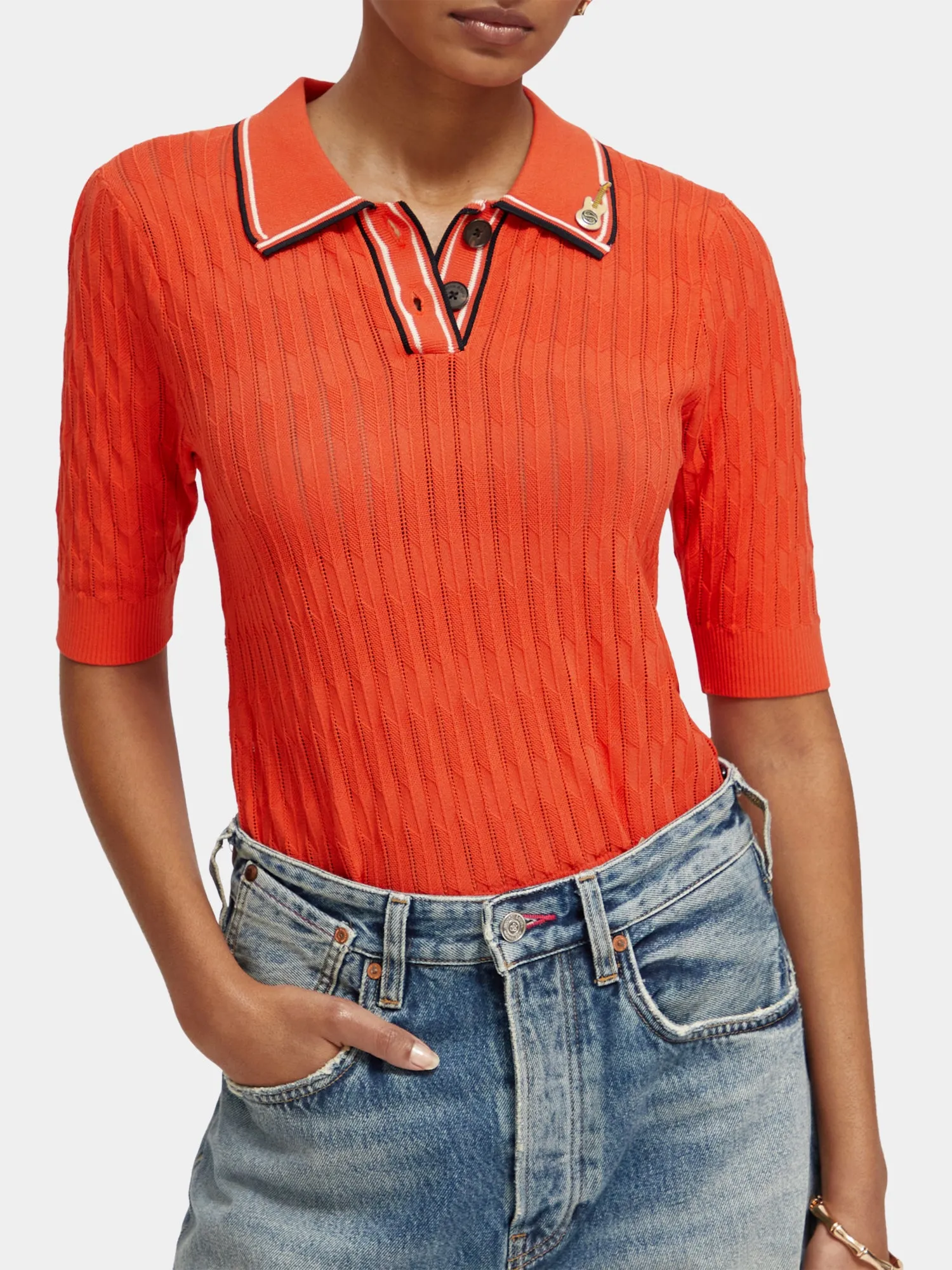 Pointelle collared knitted polo shirt sold by Scotch and Soda product image thumbnail 2