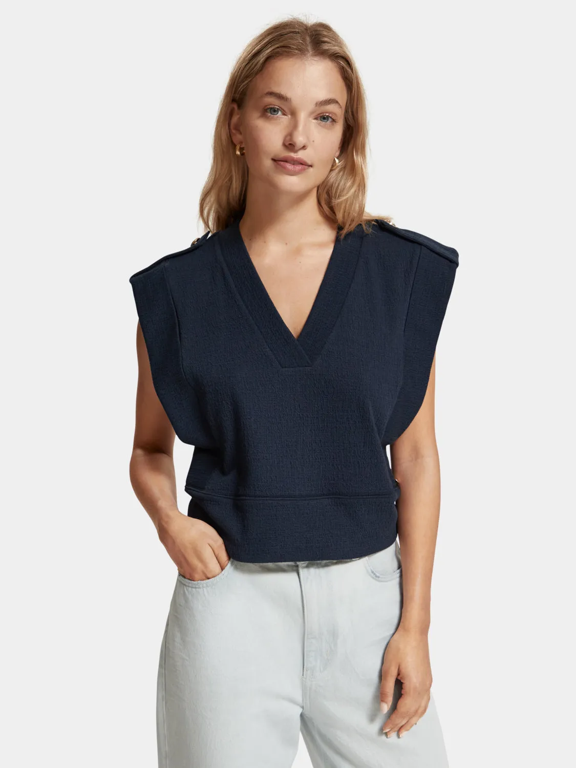 Button detail v-neck top sold by Scotch and Soda