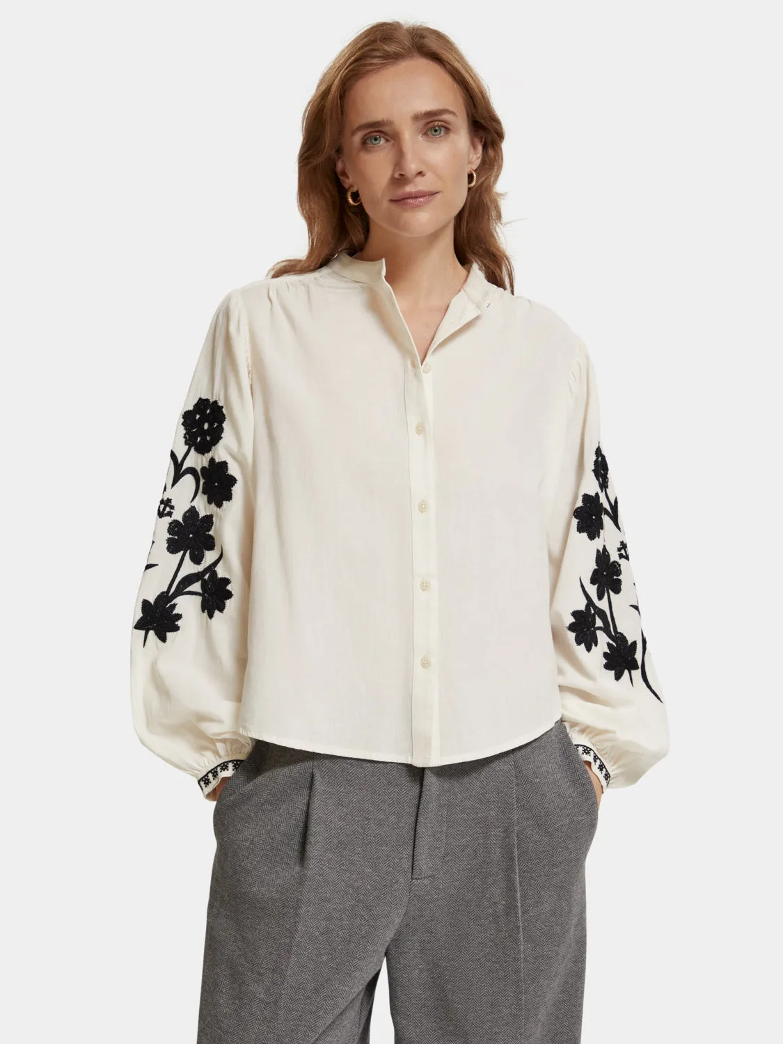 Embroidered balloon-sleeved shirt sold by Scotch & Soda
