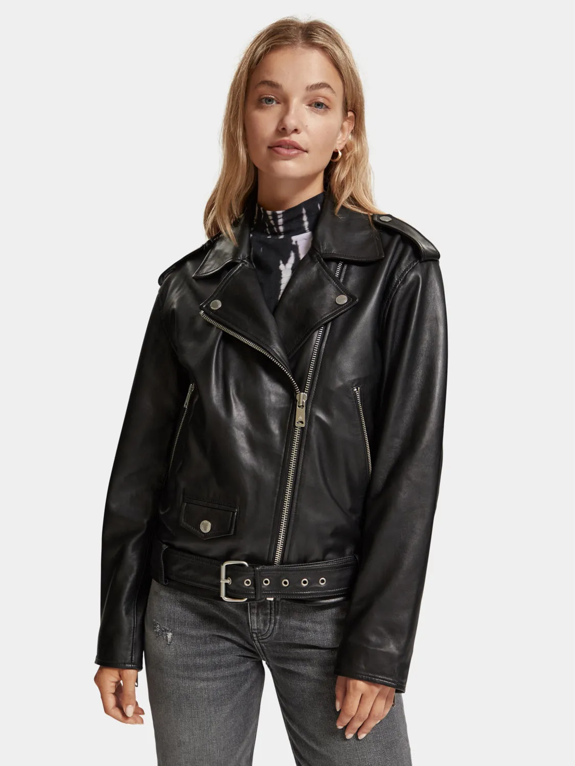 Oversized leather biker jacket sold by Scotch & Soda
