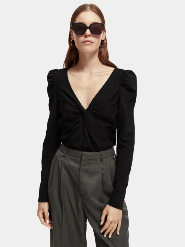Twisted long sleeved v-neck top sold by Scotch and Soda