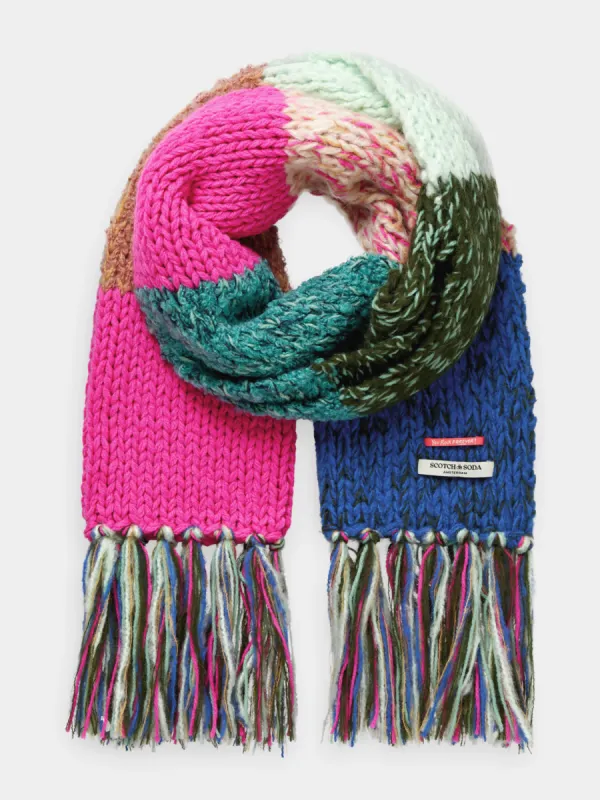 Hand knit colourblock scarf sold by Scotch and Soda