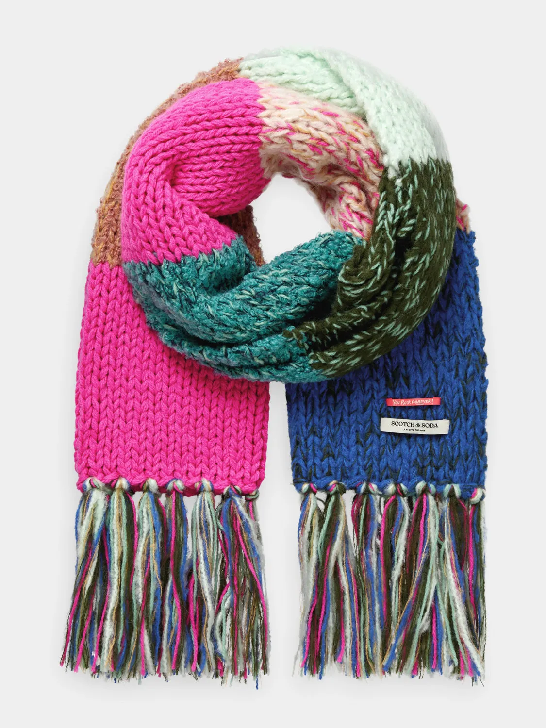 Hand knit colourblock scarf sold by Scotch and Soda