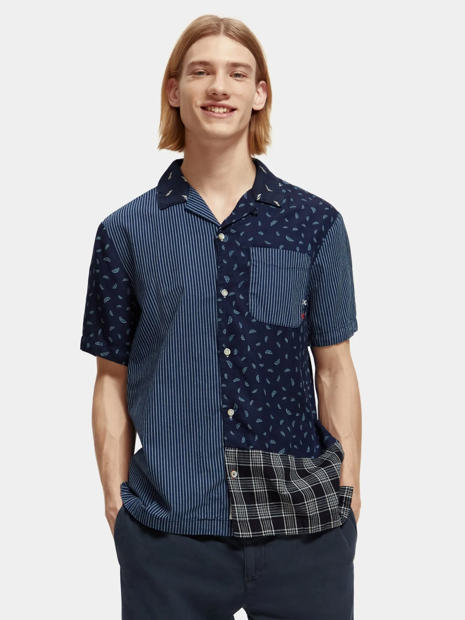 Short sleeve indigo patchwork beach shirt sold by Scotch and Soda