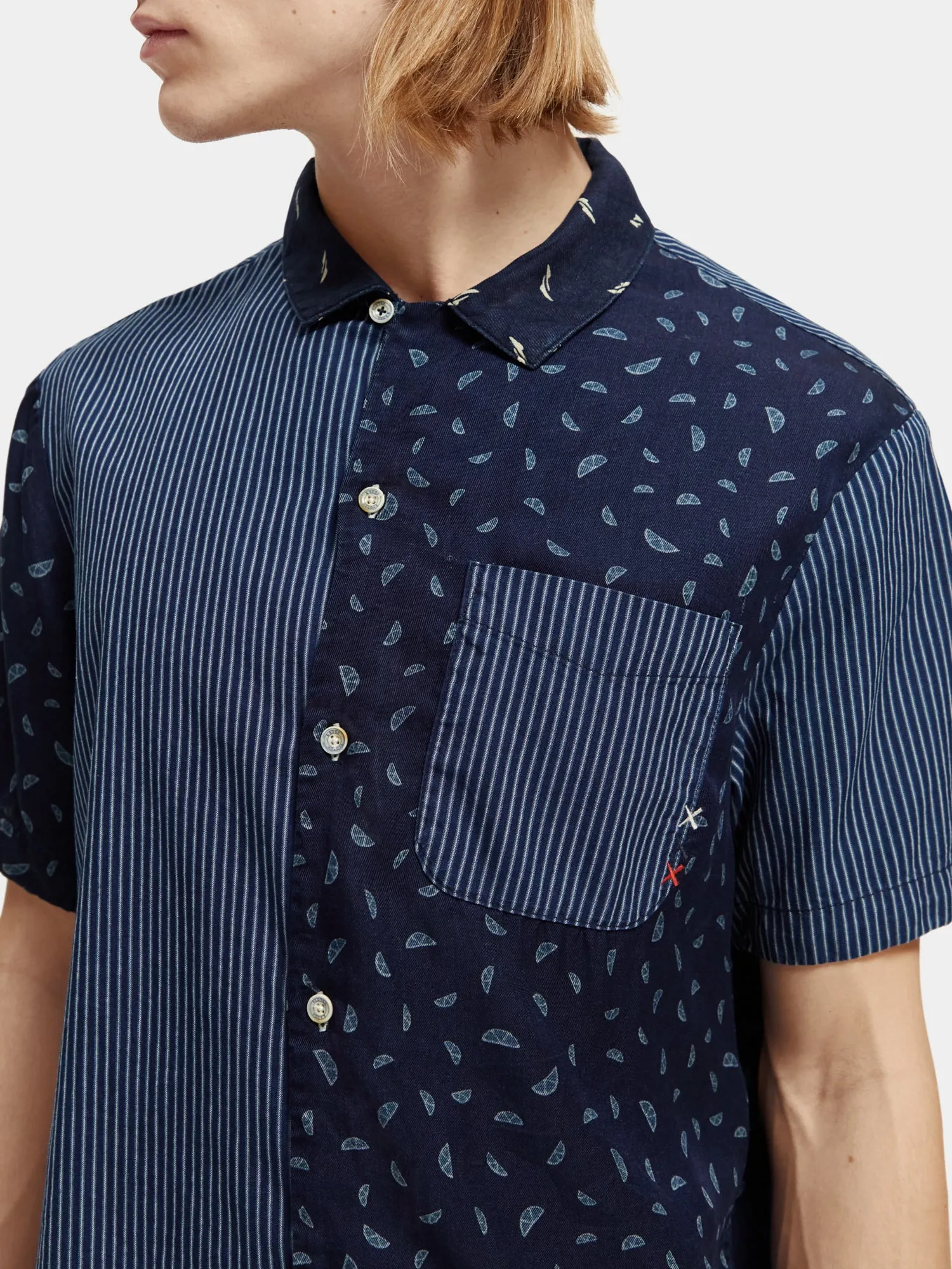 Short sleeve indigo patchwork beach shirt sold by Scotch and Soda product image thumbnail 5