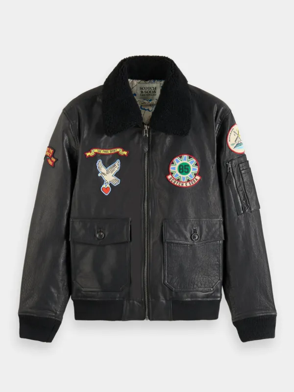 Leather bomber jacket with detachable teddy collar sold by Scotch and Soda