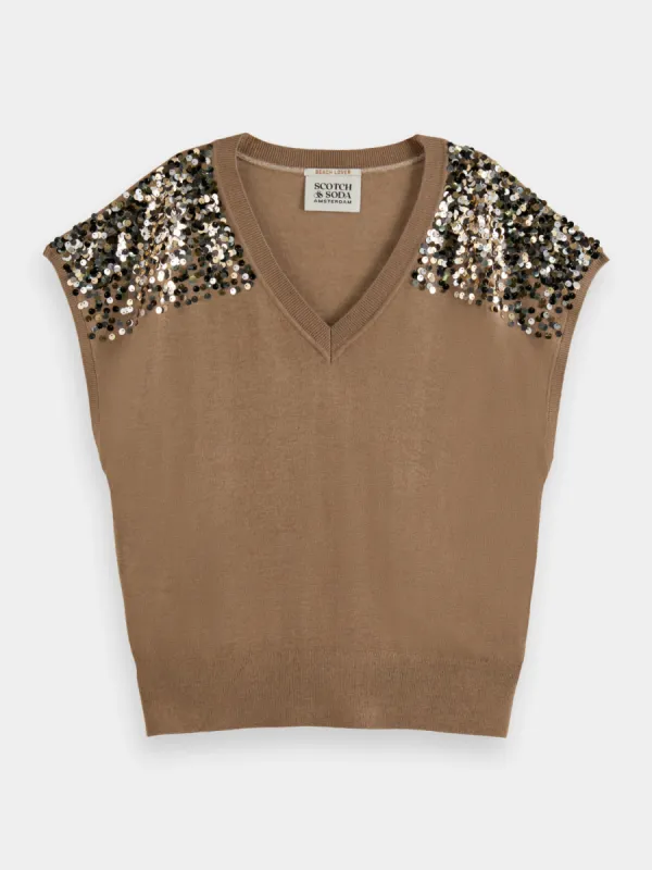 Embellished shoulder v-neck top sold by Scotch and Soda