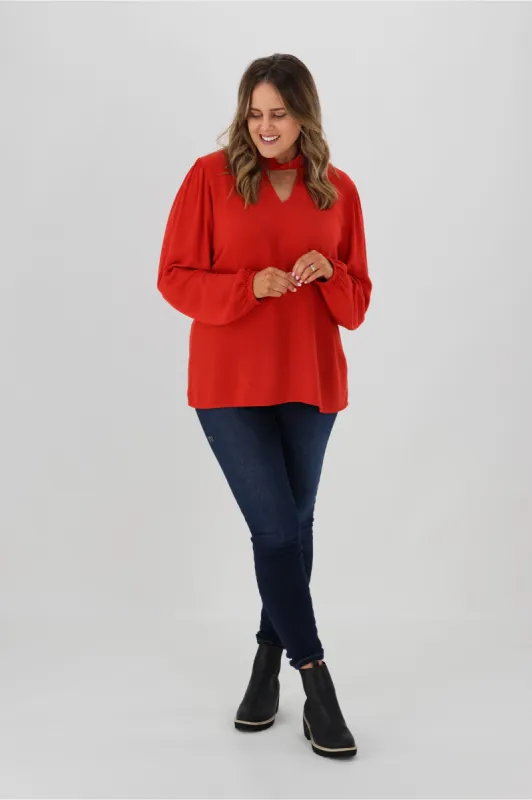 Gloss by Shine On Everleigh Twist Neck Top Brick Red sold by Shine On