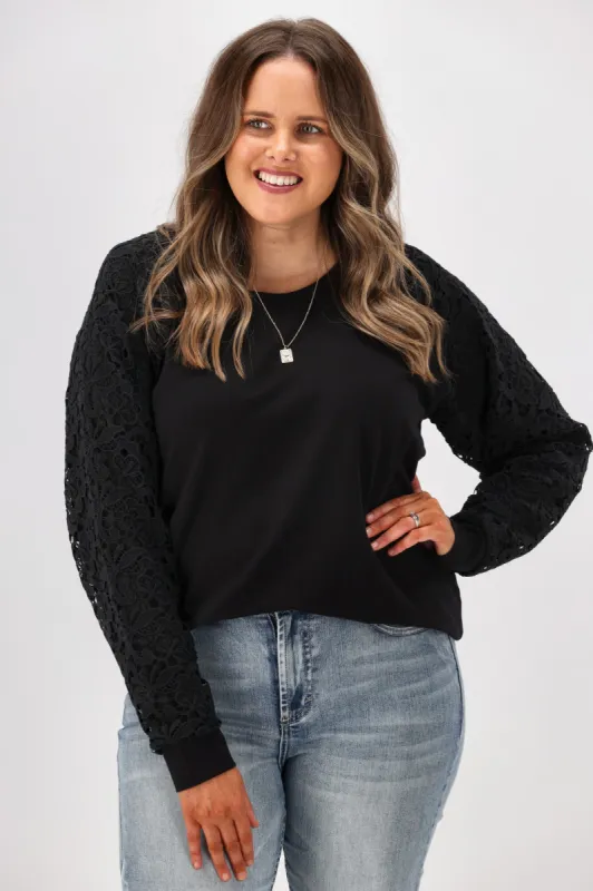 Shine On Label Imani Lace Sleeve Top Black w Black Lace sold by Shine On