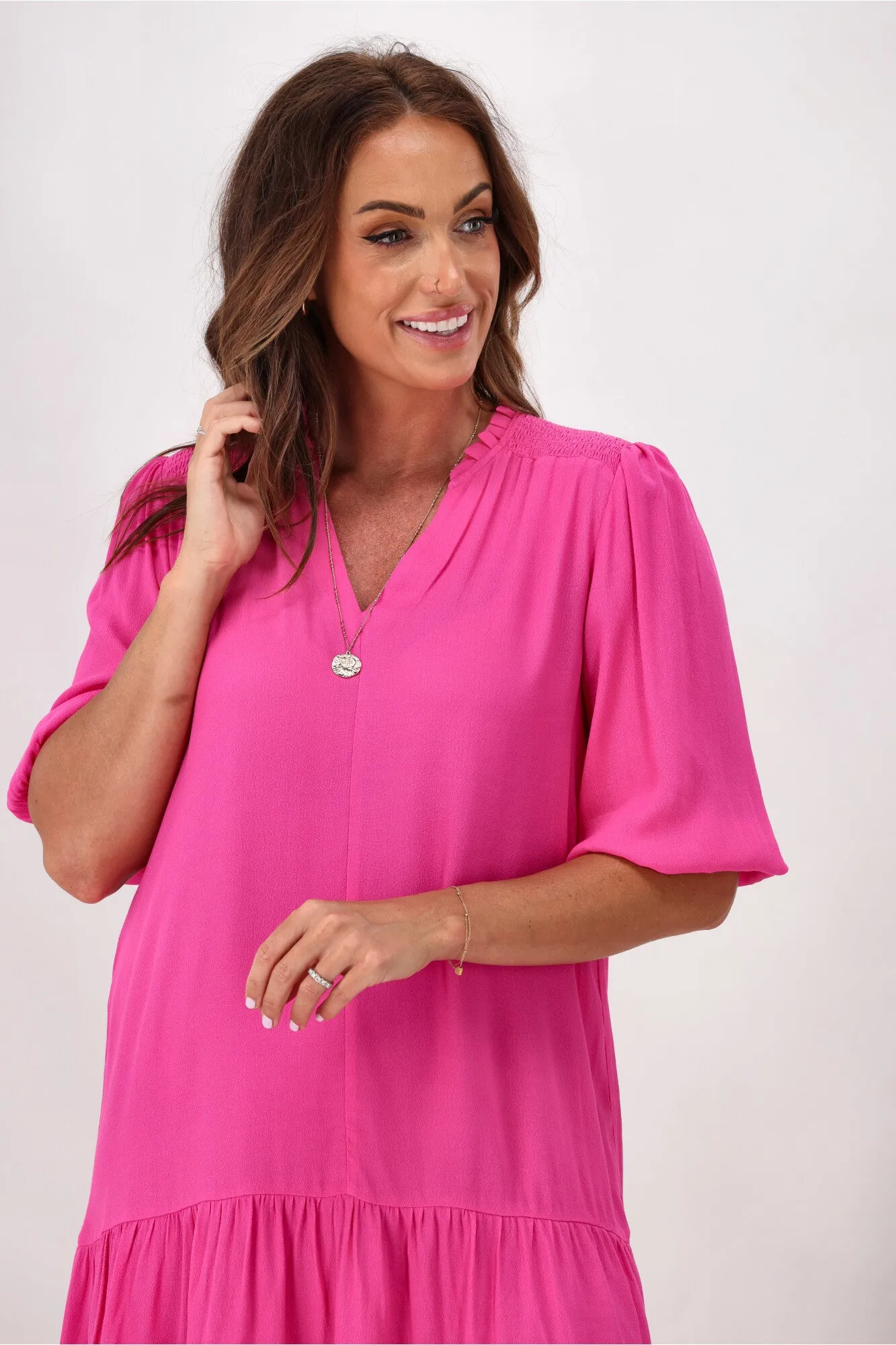 Gloss by Shine On Waverley Shirred Shoulder Dress Fuchsia sold by Shine On product image thumbnail 2