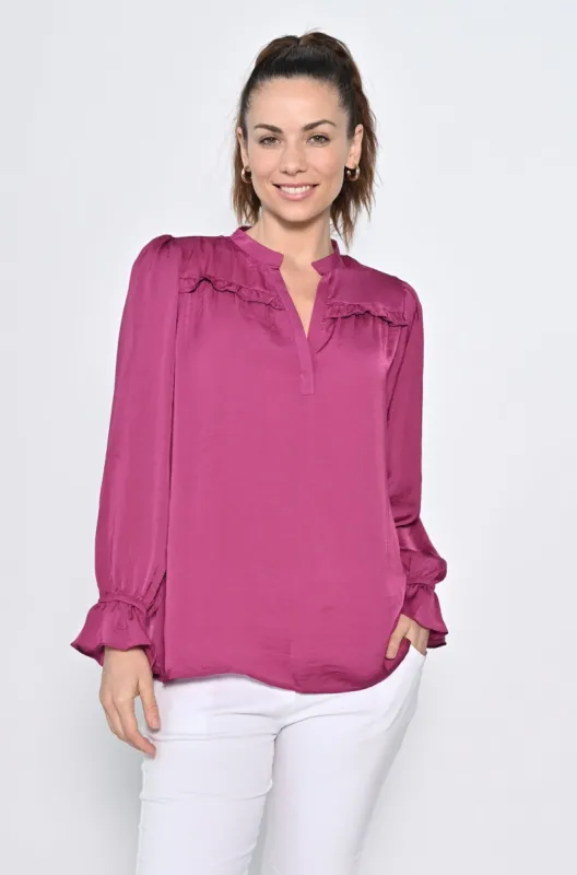 Cali & Co V-neck Frill Sleeve Satin Top Purple sold by Shine On
