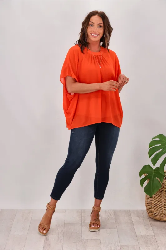 Gloss by Shine On Mathilda Batwing Tie Neck Top Orange sold by Shine On