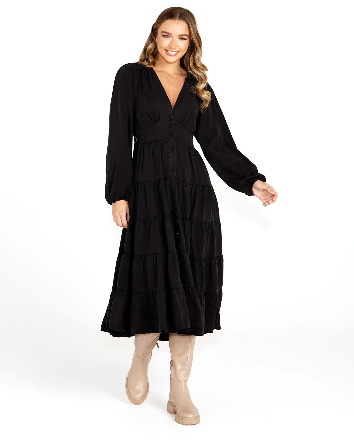 Sass Charity Tiered Midi Dress Black sold by Shine On