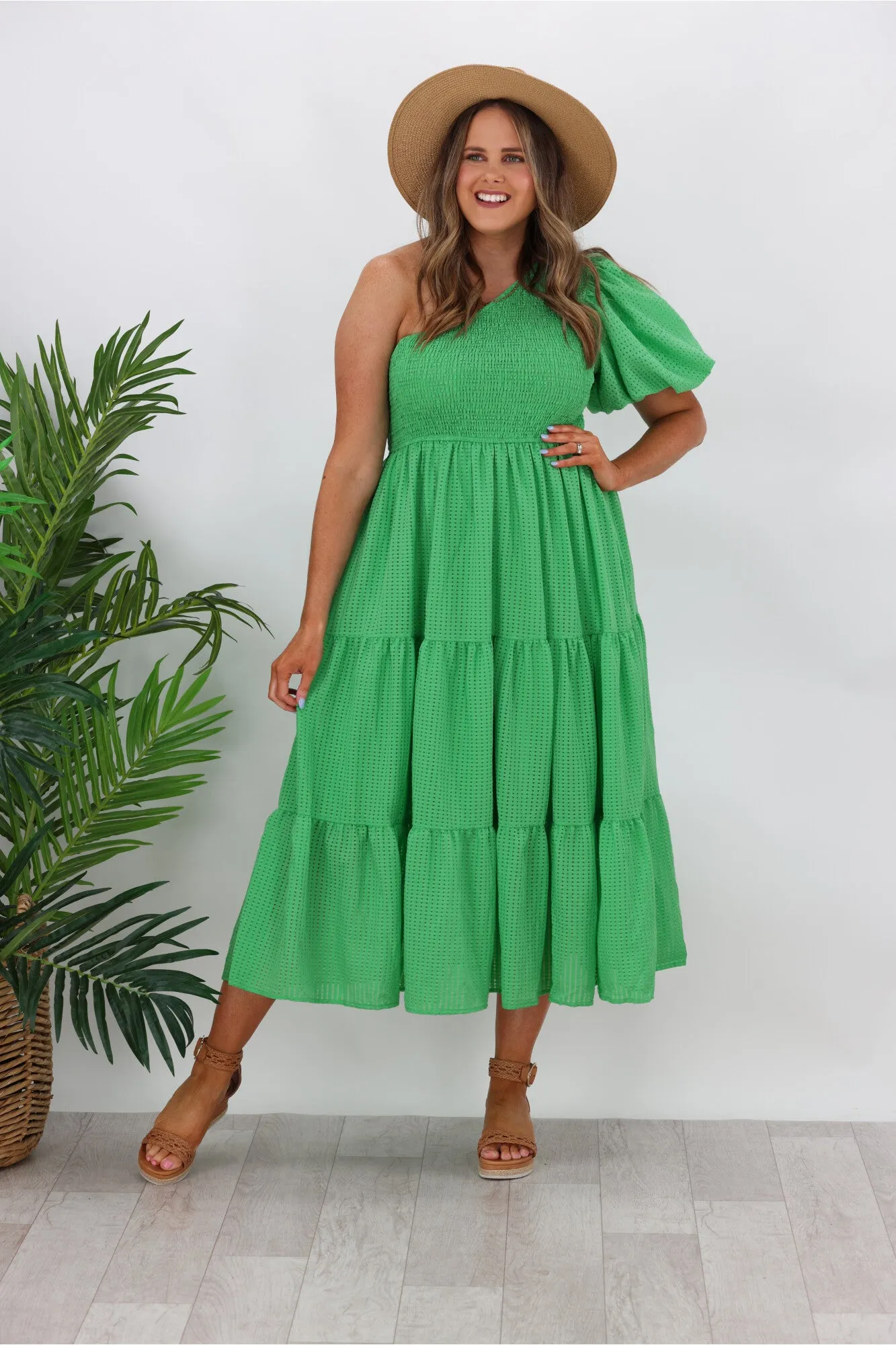 Iris Maxi Celia One Shoulder Puff Dress Green sold by Shine On