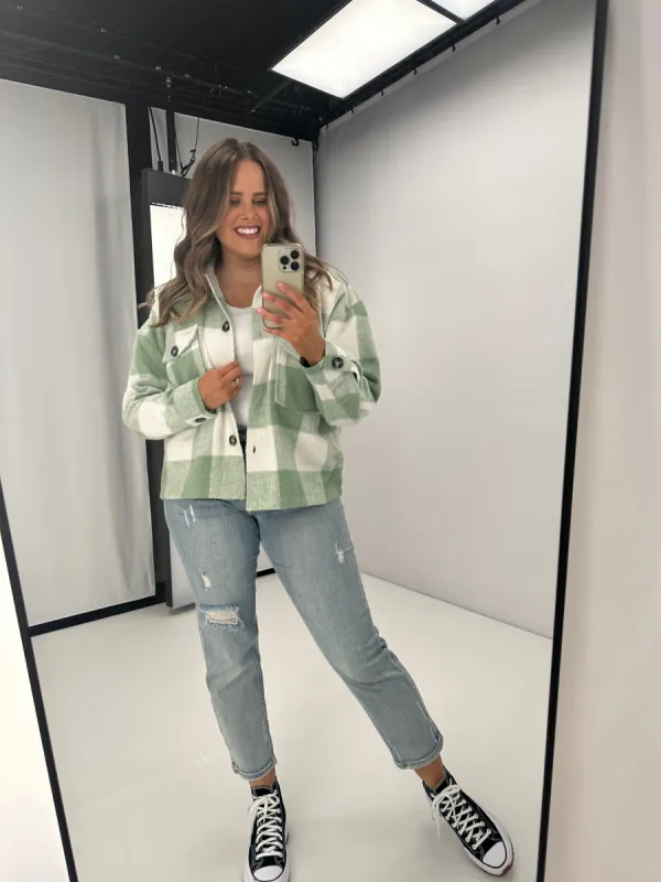 Shine On Label Lucas Cropped Checked Shacket Green sold by Shine On