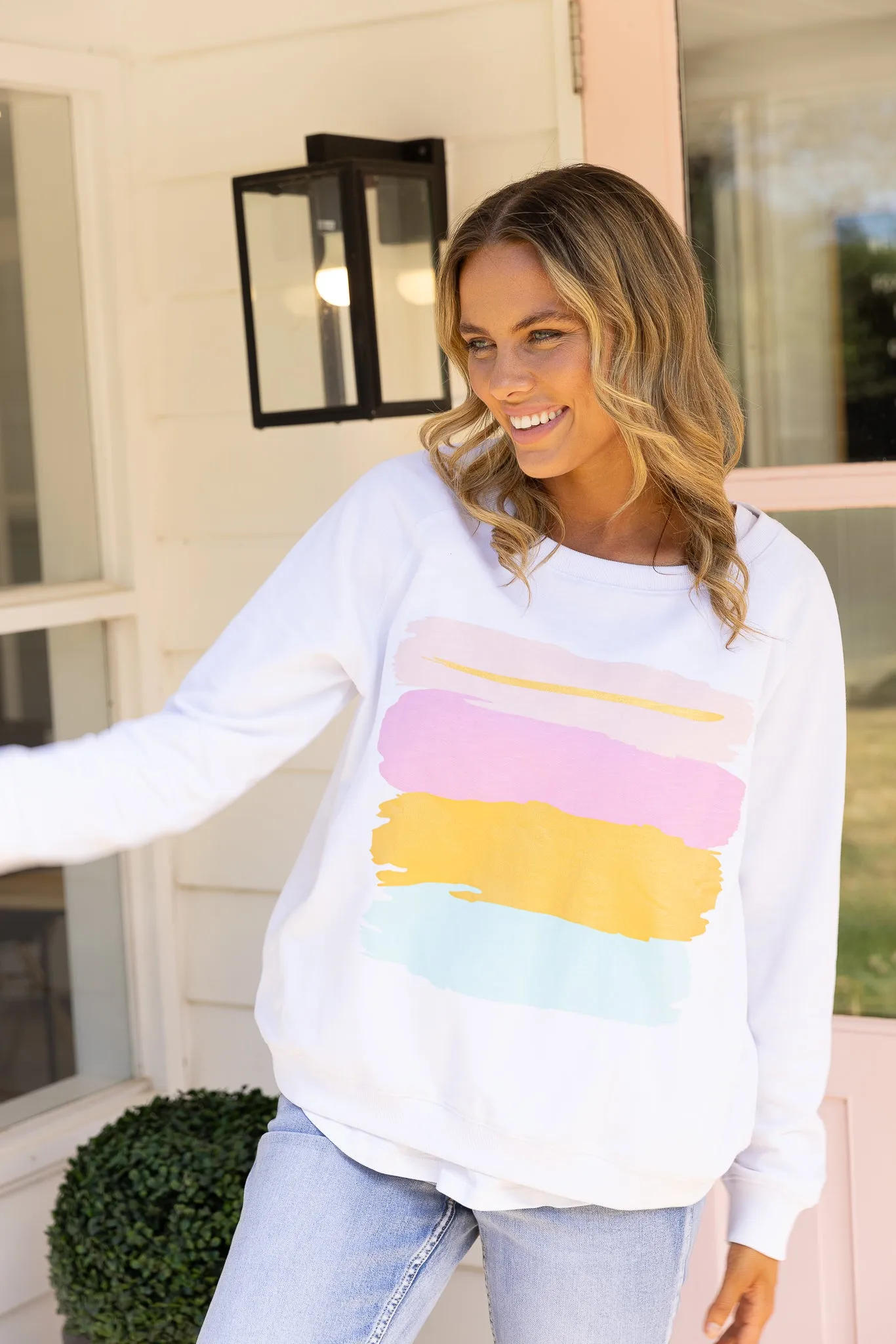 Jovie The Label Goldie Sweater White Multi Paint Stripes sold by Shine On