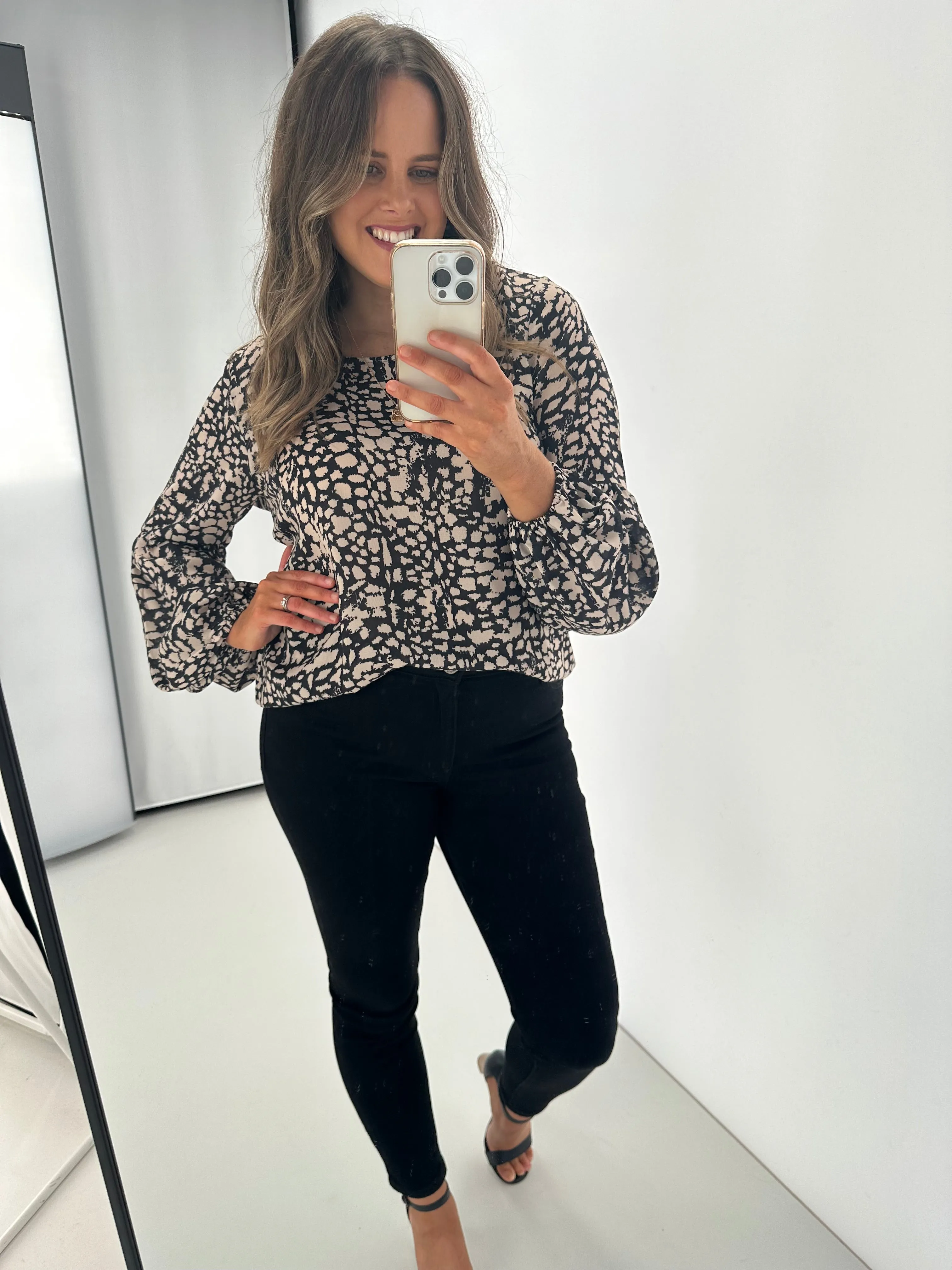 Shine On Label Renee Lantern Sleeve Top Abstract Animal Black Beige sold by Shine On product image thumbnail 3