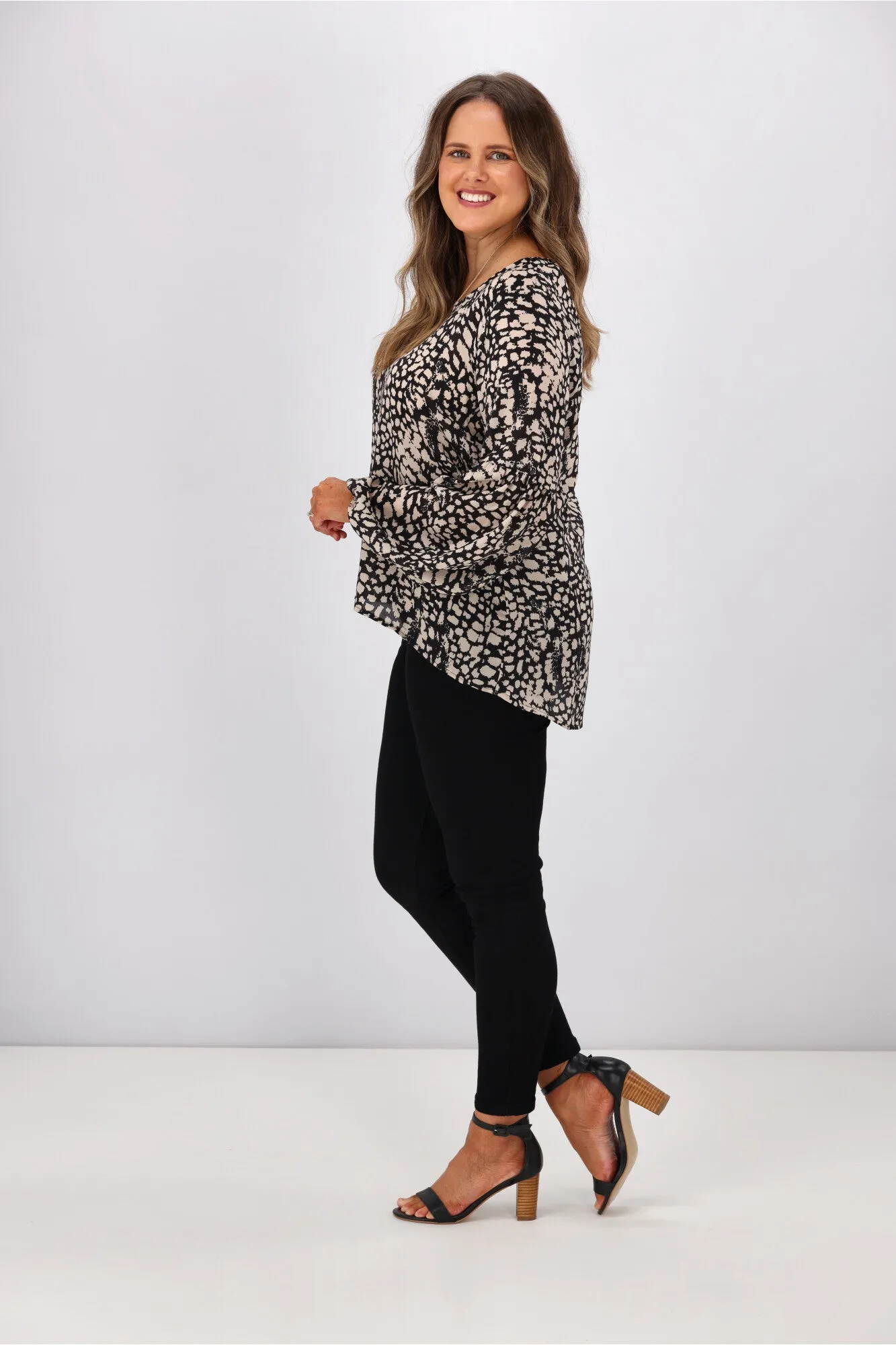 Shine On Label Renee Lantern Sleeve Top Abstract Animal Black Beige sold by Shine On product image thumbnail 5