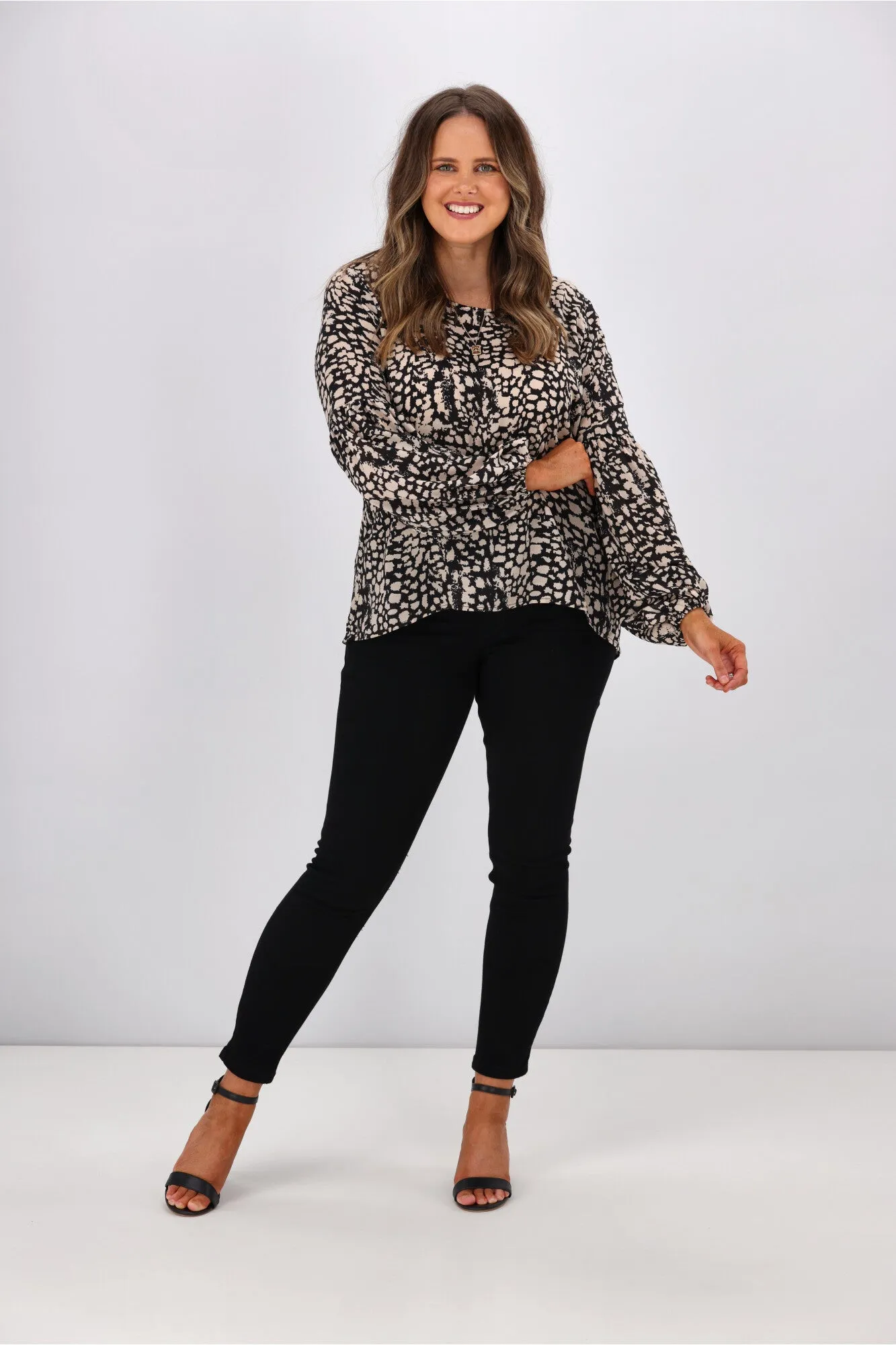 Shine On Label Renee Lantern Sleeve Top Abstract Animal Black Beige sold by Shine On