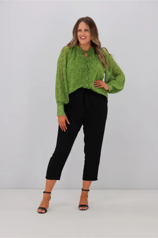 Gloss by Shine Gwyneth Raglan Ruffle Neck Blouse Lime Floral sold by Shine On