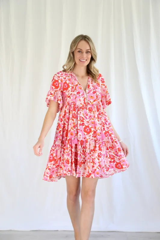 Salty Bright Arabella Pink Red Floral Mini Dress sold by Shine On