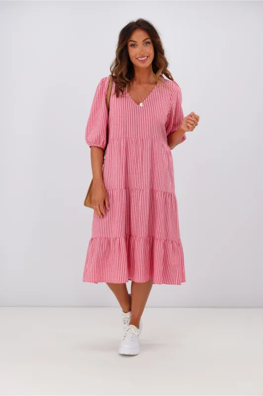 Shine On Label Dahlia Tiered Midi Dress Pink Red Stripe sold by Shine On