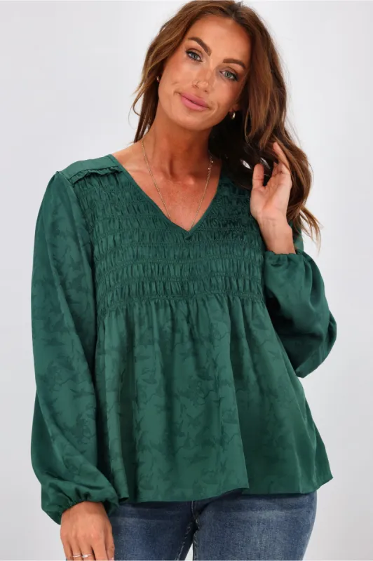 Gloss By Shine On Arabella Shirred Ruffle Blouse Jade sold by Shine On