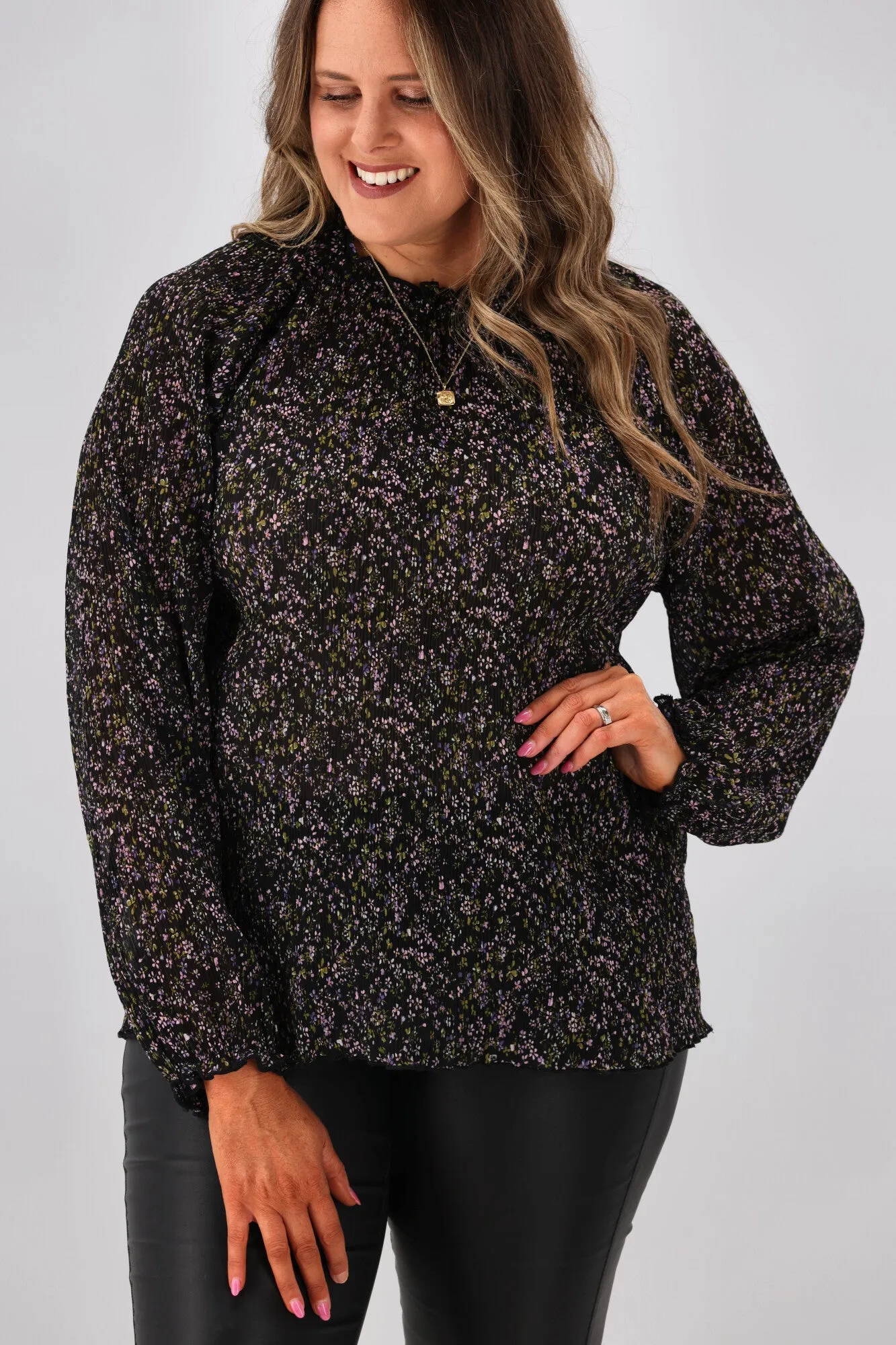 Gloss by Shine On Larisa Elastic Neck Micropleated Blouse Black Crinkle sold by Shine On product image thumbnail 3