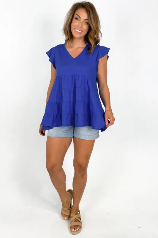 Betty Basics Leila Linen Top Blue sold by Shine On