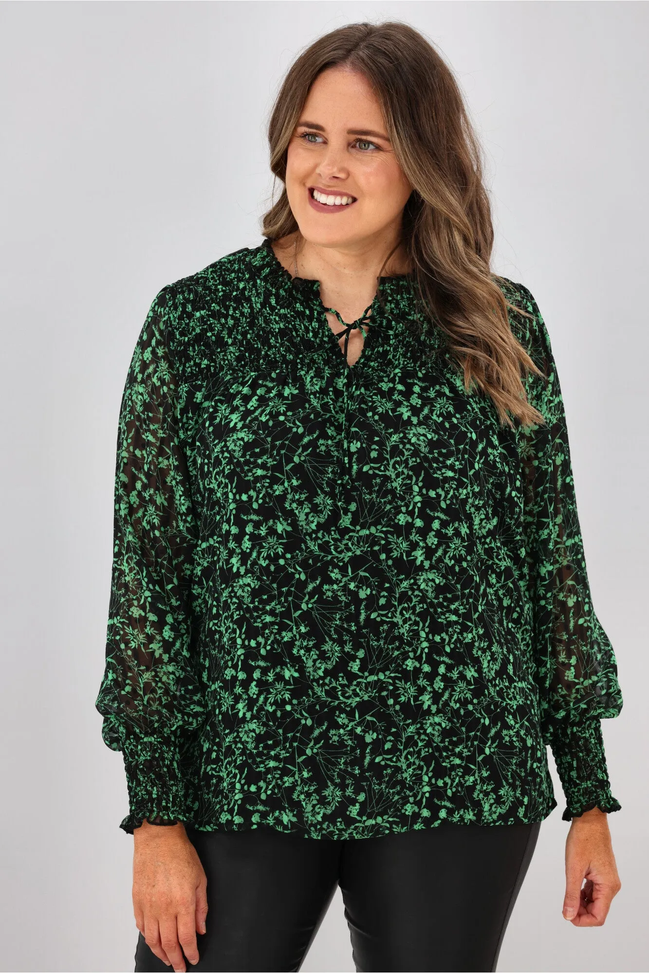 Gloss by Shine On Amelia Shirred Panel Top Black Green Floral sold by Shine On product image thumbnail 2