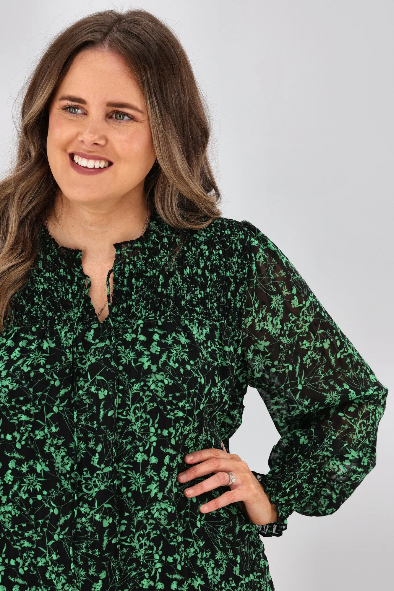 Gloss by Shine On Amelia Shirred Panel Top Black Green Floral sold by Shine On product image thumbnail 3