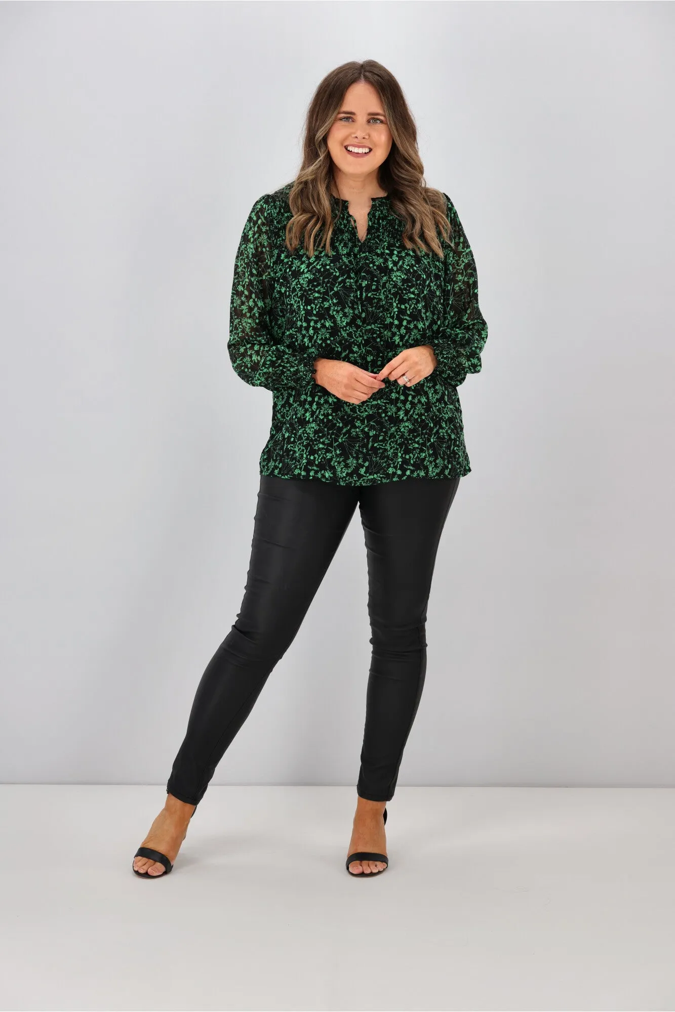 Gloss by Shine On Amelia Shirred Panel Top Black Green Floral sold by Shine On