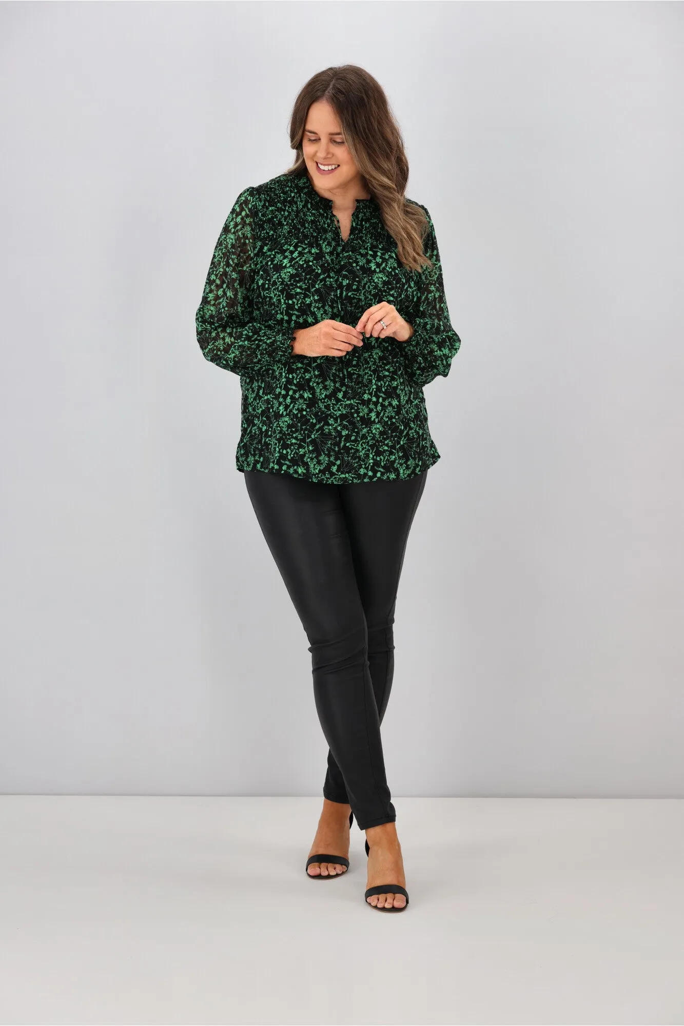 Gloss by Shine On Amelia Shirred Panel Top Black Green Floral sold by Shine On product image thumbnail 4