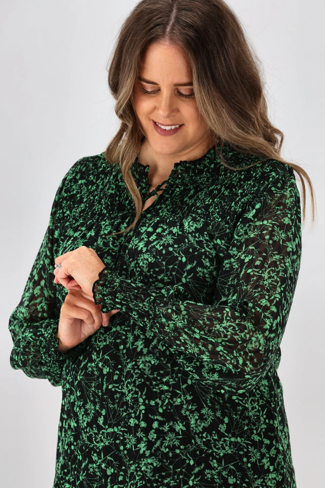 Gloss by Shine On Amelia Shirred Panel Top Black Green Floral sold by Shine On product image thumbnail 5