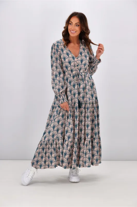 Fria Iris Akino Print Selma Maxi Dress Teal sold by Shine On