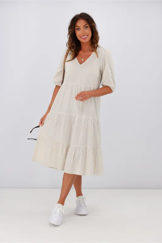 Shine On Label Dahlia Tiered Midi Dress Beige Stripe sold by Shine On