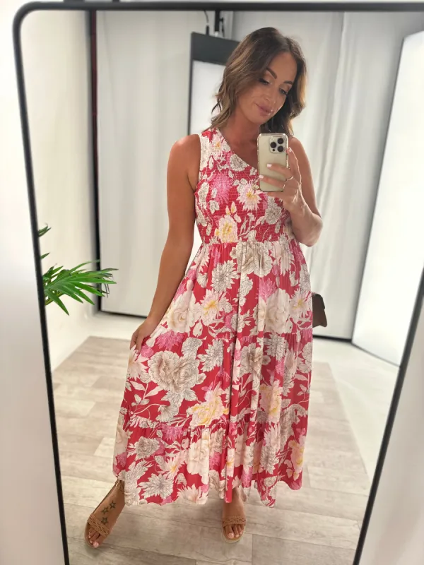 Gloss by Shine On Azalea One Shoulder Dress Coral Floral sold by Shine On