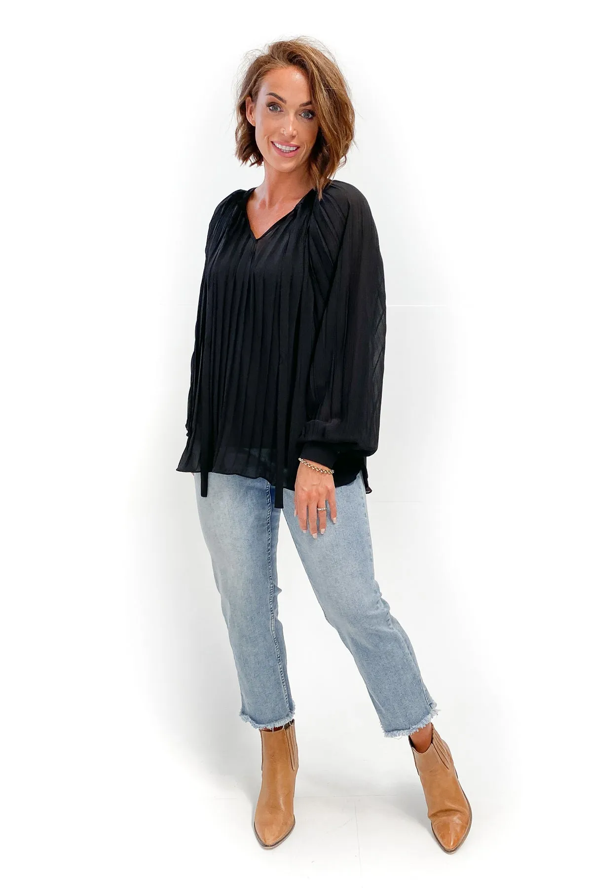 Gloss by Shine On Joselyn Pleated Tie Neck Blouse Black sold by Shine On product image thumbnail 3