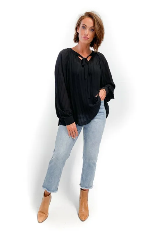 Gloss by Shine On Joselyn Pleated Tie Neck Blouse Black sold by Shine On