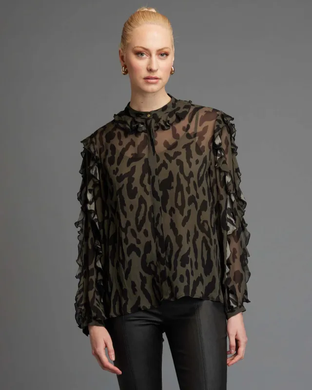 Fate Dreaming Frill Sleeve Top Khaki Animal sold by Shine On