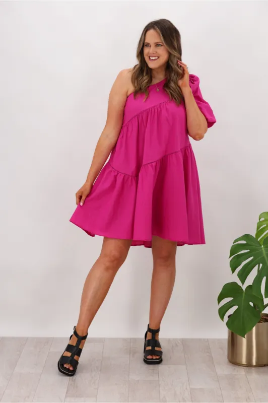 Ebby & I Sally One Shoulder Dress Magenta sold by Shine On