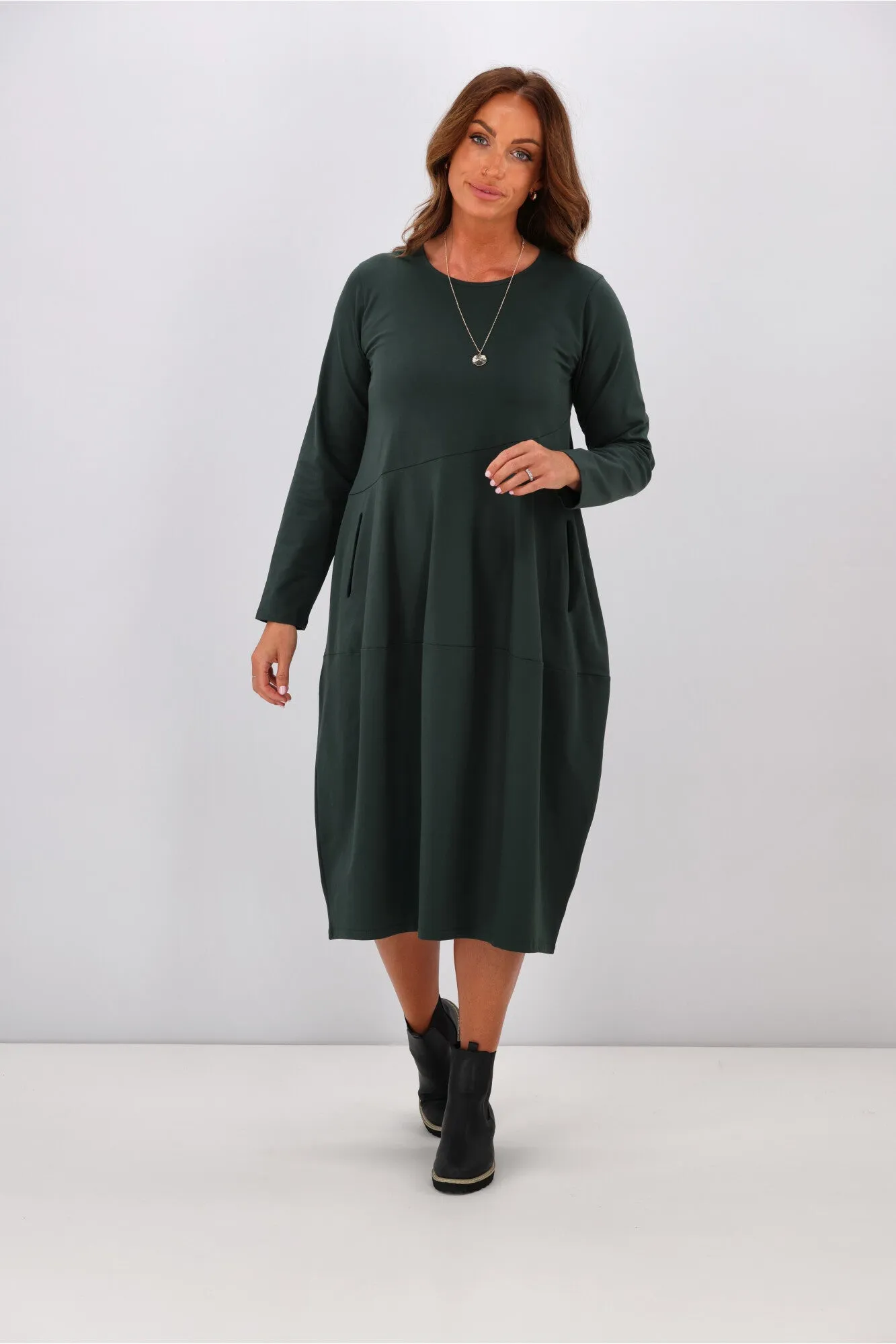 Tirelli L/S Diagonal Seam Dress Deep Green sold by Shine On