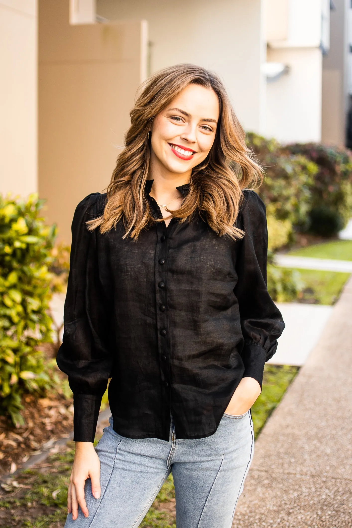 Fria Jessamine Linen Peasant Blouse Black sold by Shine On