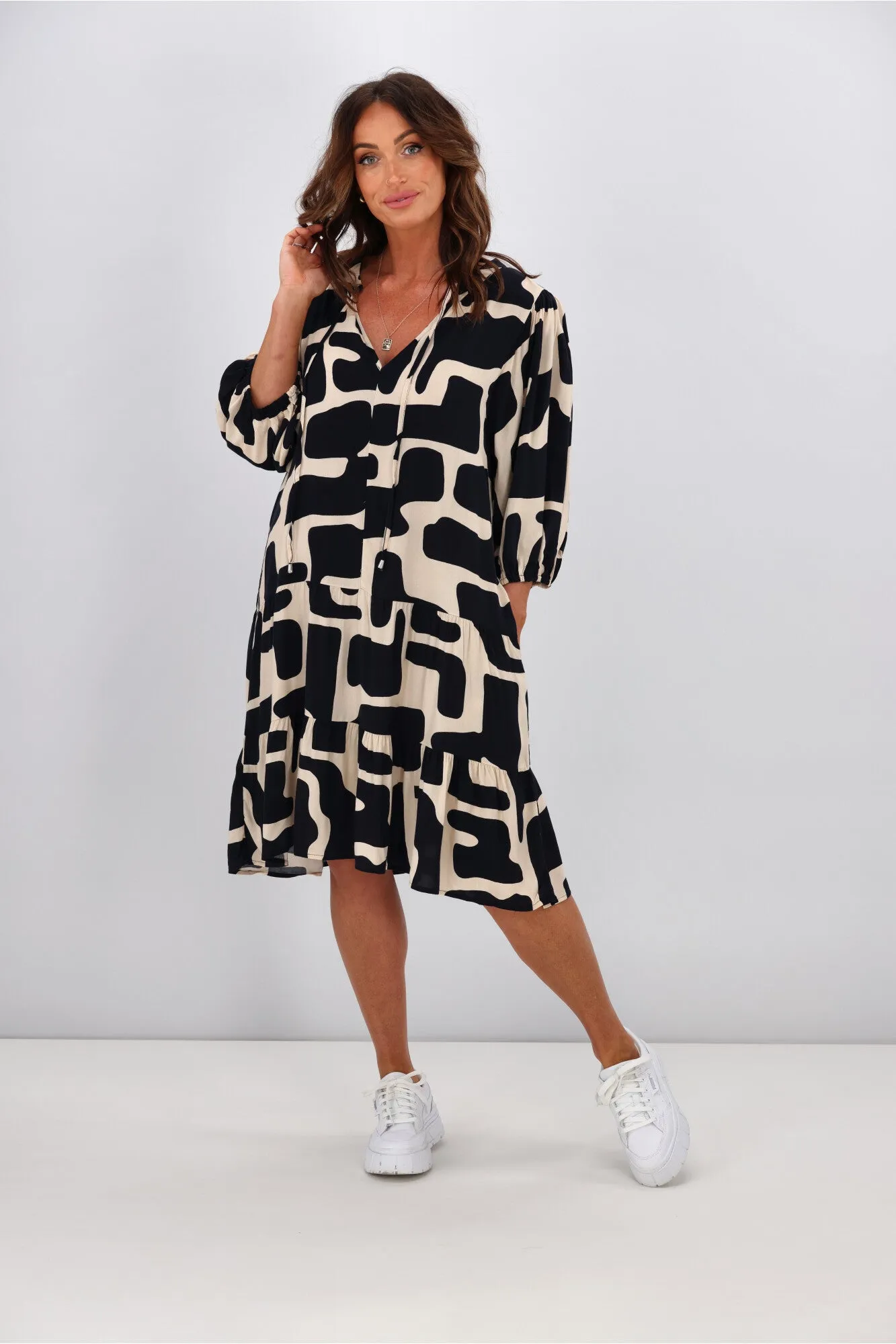 New U Collection Yasmin Geo Print Dress Black Beige sold by Shine On