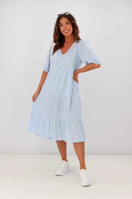 Shine On Label Dahlia Tiered Midi Dress Blue Stripe sold by Shine On