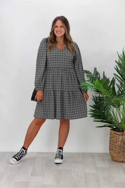 Shine On Label Long Sleeve Luca Gingham Tiered Midi Dress Black White sold by Shine On