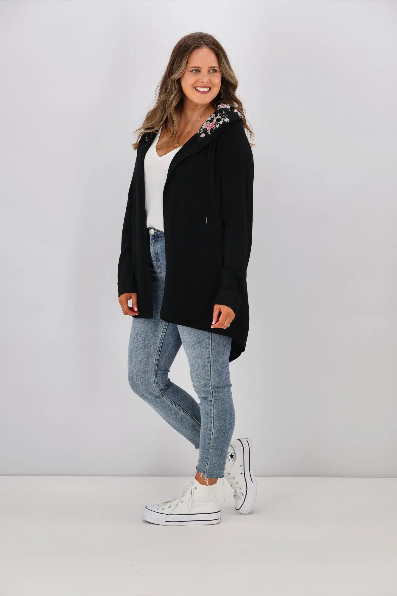 Shine On Label Big Dreams Merino Cardigan Black with Floral Hood. sold by Shine On product image thumbnail 2