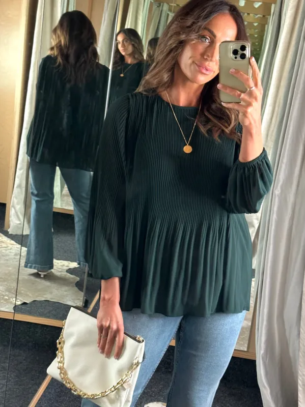 Gloss by Shine On Nigella Long Sleeve Micro Pleat Top Dark Forest sold by Shine On