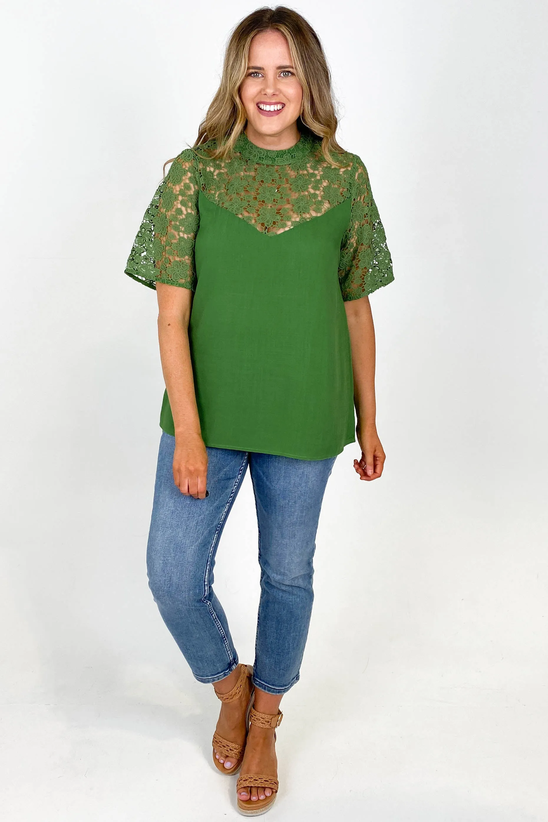 Gloss by Shine On Daphne Lace Trimmed Top Sage Green sold by Shine On